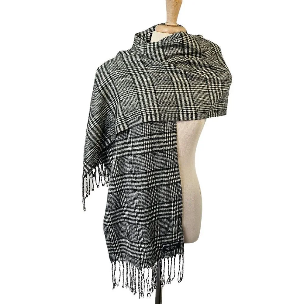 1970s Pierre Cardin Scarf Black White Plaid 72 in X 12.5 in Rectangle Unisex